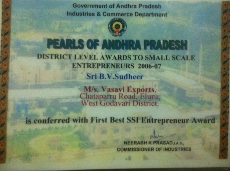 Pearls of Andhra Pradesh certificate for Vasavi Exports