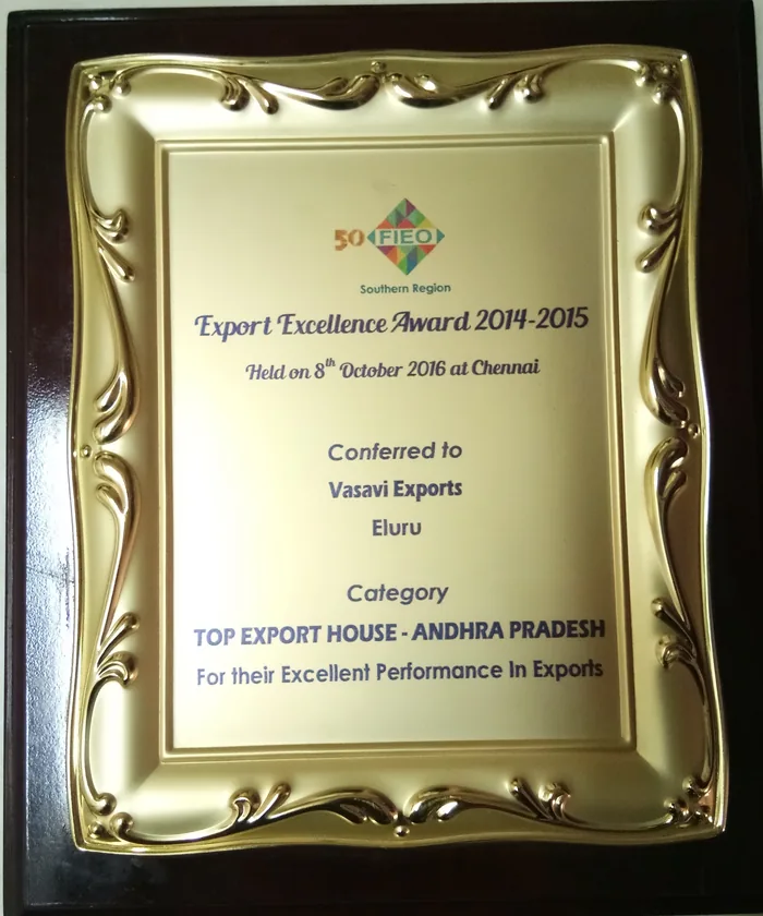 Export Excellence Award 2014-2015 plaque for Vasavi Exports